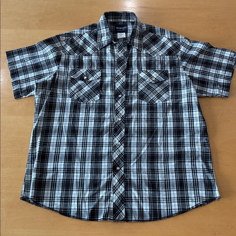 Wrangler Short Sleeve Black White Plaid Pearl Snap Shirt Size XL